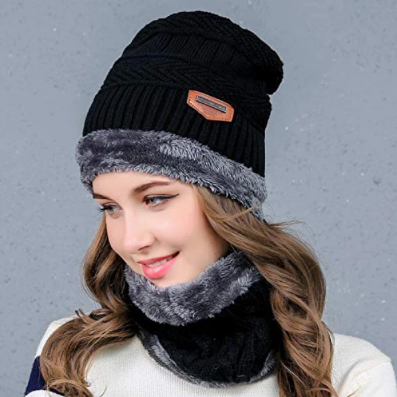 Warm Winter Beanie Hat & Scarf Set Stylish Knit Cap for Men Women